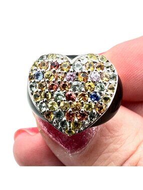 Sterling Silver Tourmaline Ring Multicolor Heart Black Enamel Size 6